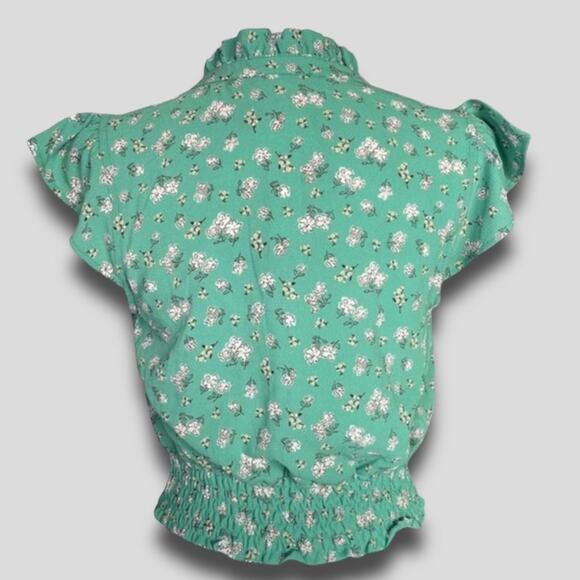 MONTEAU COTTEGECORE HIPPIE BOHO FLORAL FRILL CAP SLEEVE BLOUSE GREEN MEDIUM - Picture 2 of 8